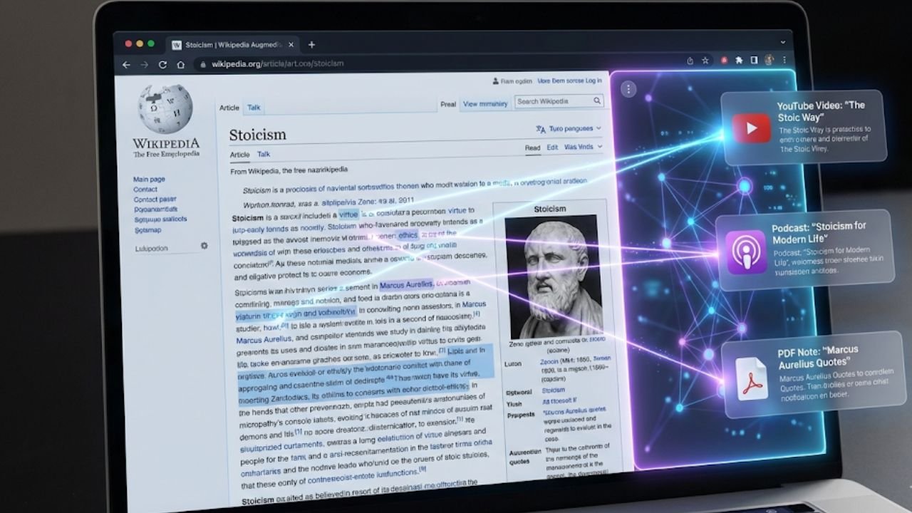 Best AI Note-Taking Apps 2026 Visualization of the Recall app's Knowledge Graph connecting web browsing with personal saved media.