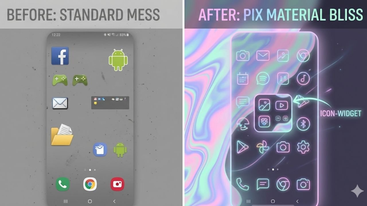 Best Android Apps December 2025omparison showing the aesthetic upgrade provided by Pix Material Expressive Icons and Dock Walls on an Android home screen
