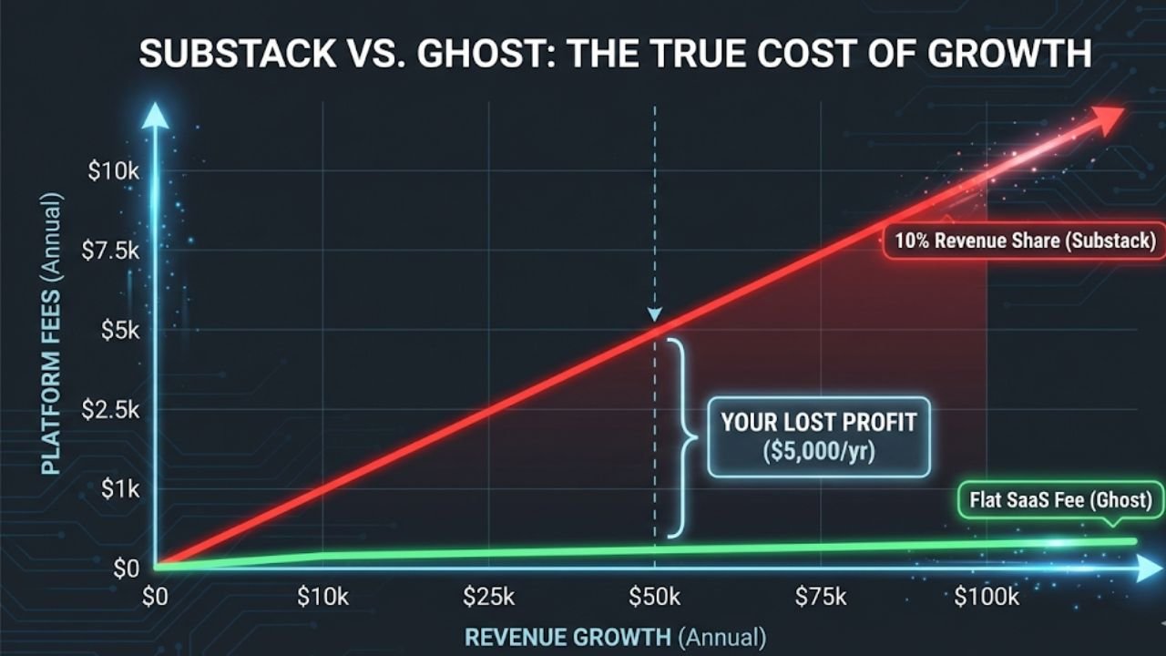 Ghost vs Substack in 2026 Graph showing the cost difference between Substack's 10% fee and Ghost's flat monthly pricing as revenue grows