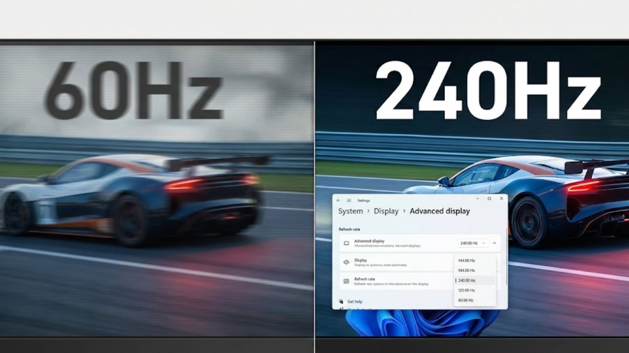 PC optimization guide 2026 Changing Windows 11 display settings to maximum refresh rate to reduce motion blur.