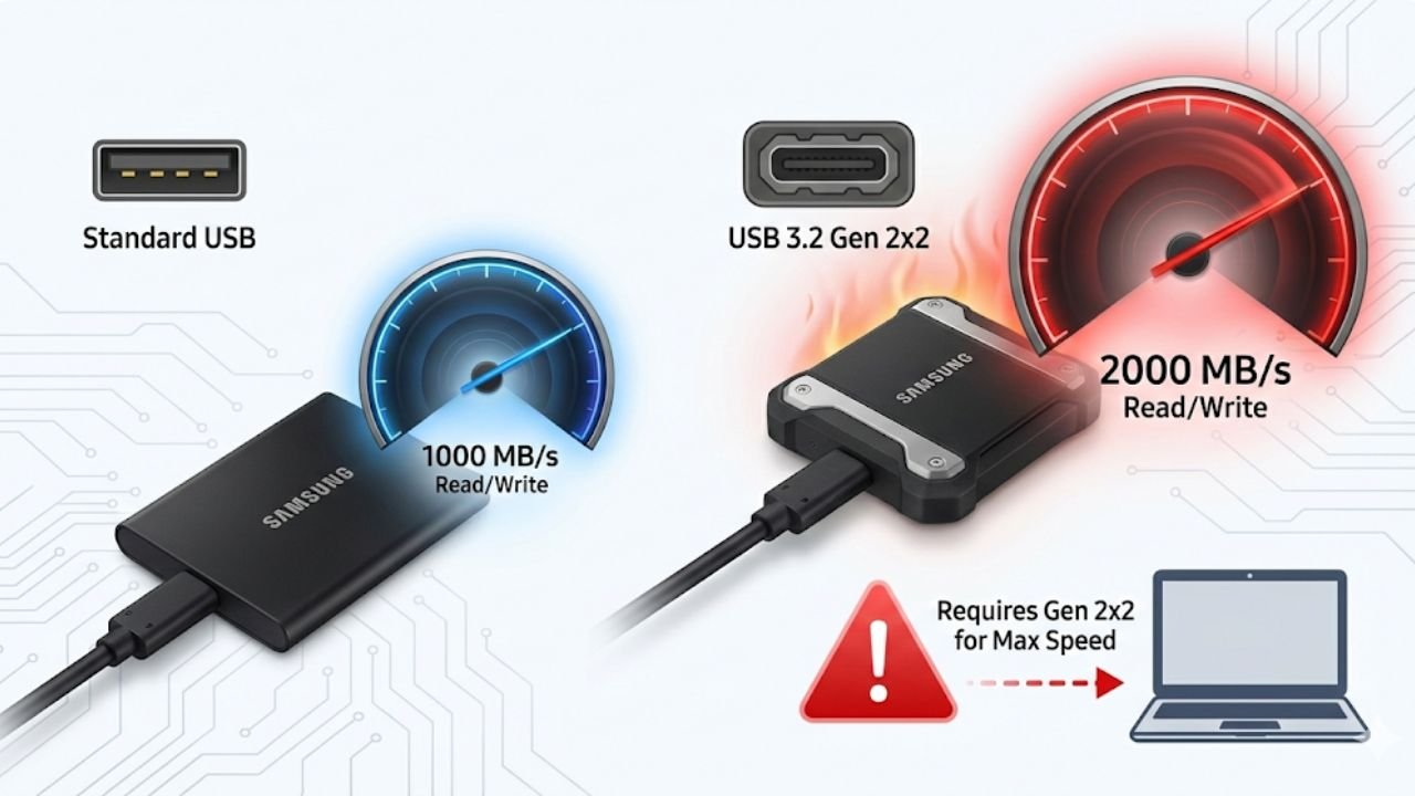 The 17 College Tech Essentials (2026) Speed test visualization comparing Samsung T7 vs Samsung T9 SSD and USB 3.2 Gen 2x2 requirements