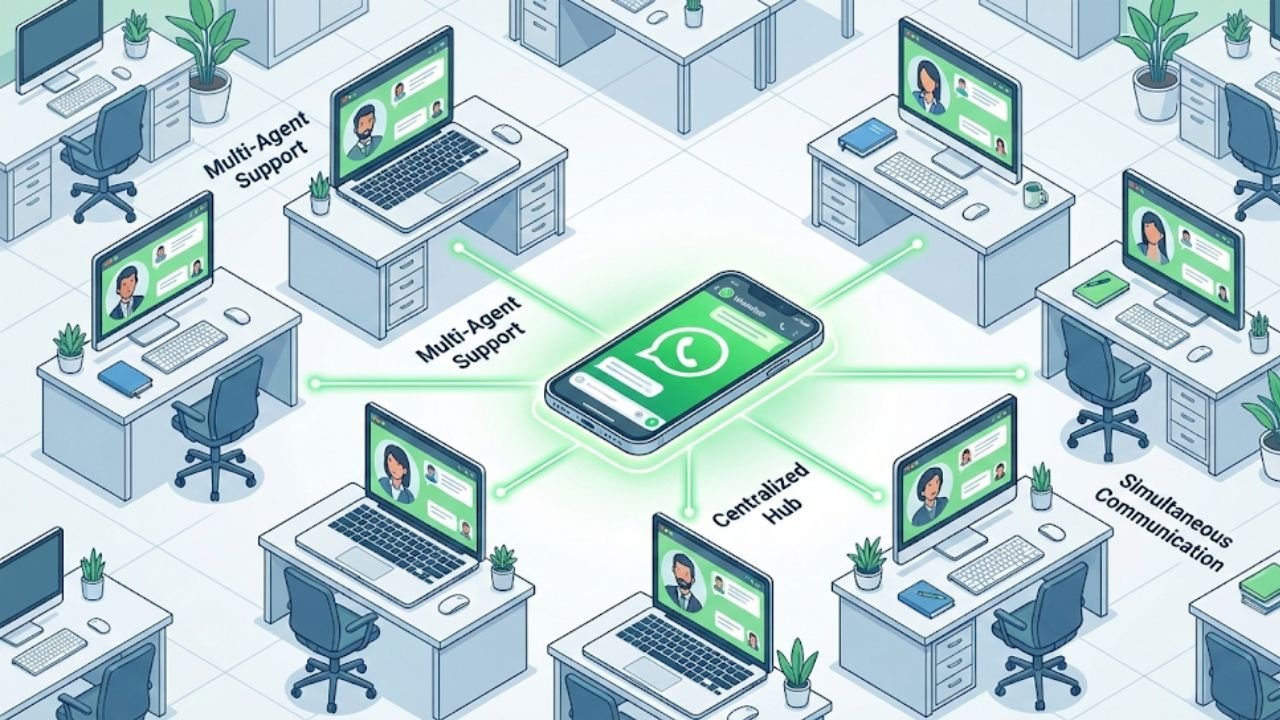 The 6 Benefits of Meta Verified Diagram illustrating the multi-device scaling capabilities of Meta Verified for WhatsApp Business teams.