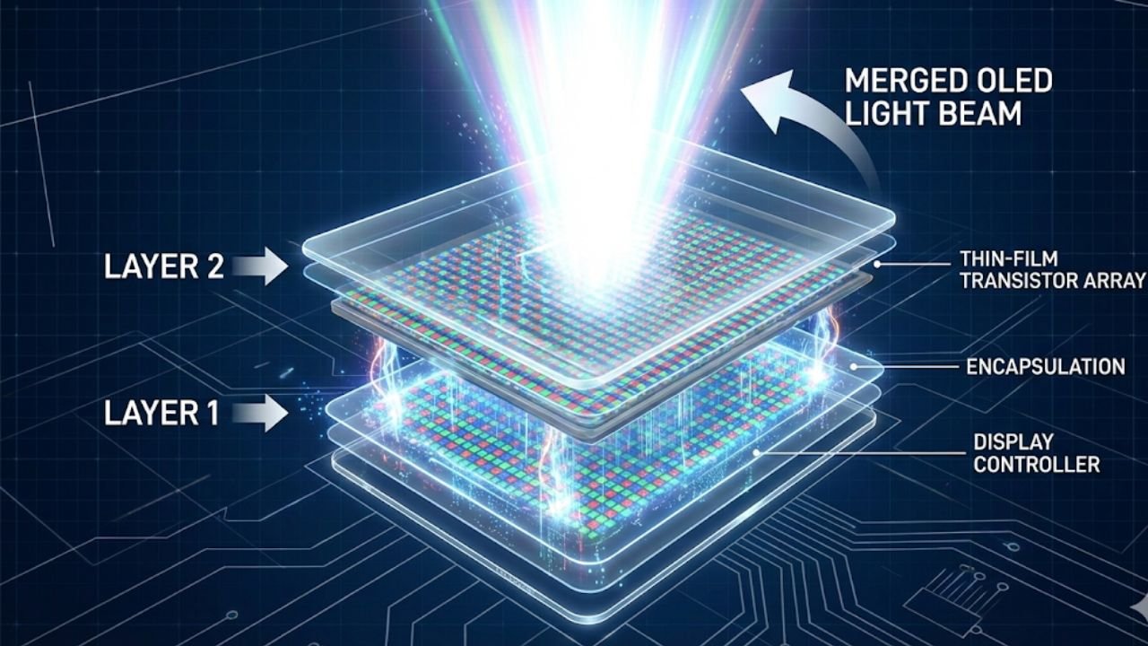iPad Pro M5 Review (2025) Technical visualization of Tandem OLED technology stacking two panels to achieve 1600 nits brightness
