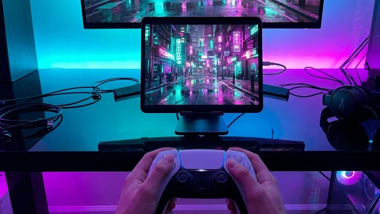 iPad Pro M5 Review (2025)Gaming setup showing the iPad Pro M5 running a AAA title with a controller connected, demonstrating console-quality graphics